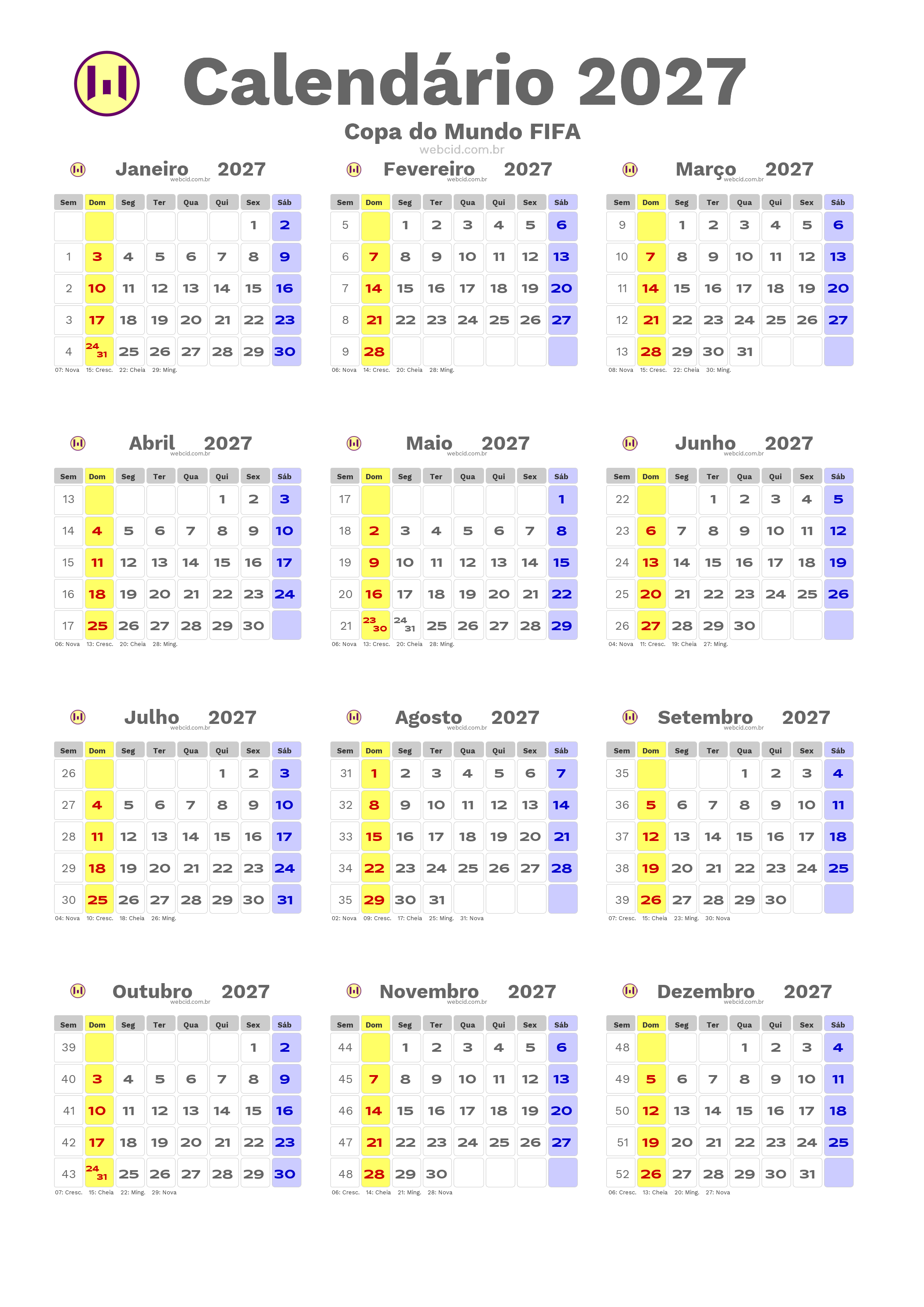 Calendário 2027 - Copa do Mundo FIFA com feriados e fases da lua