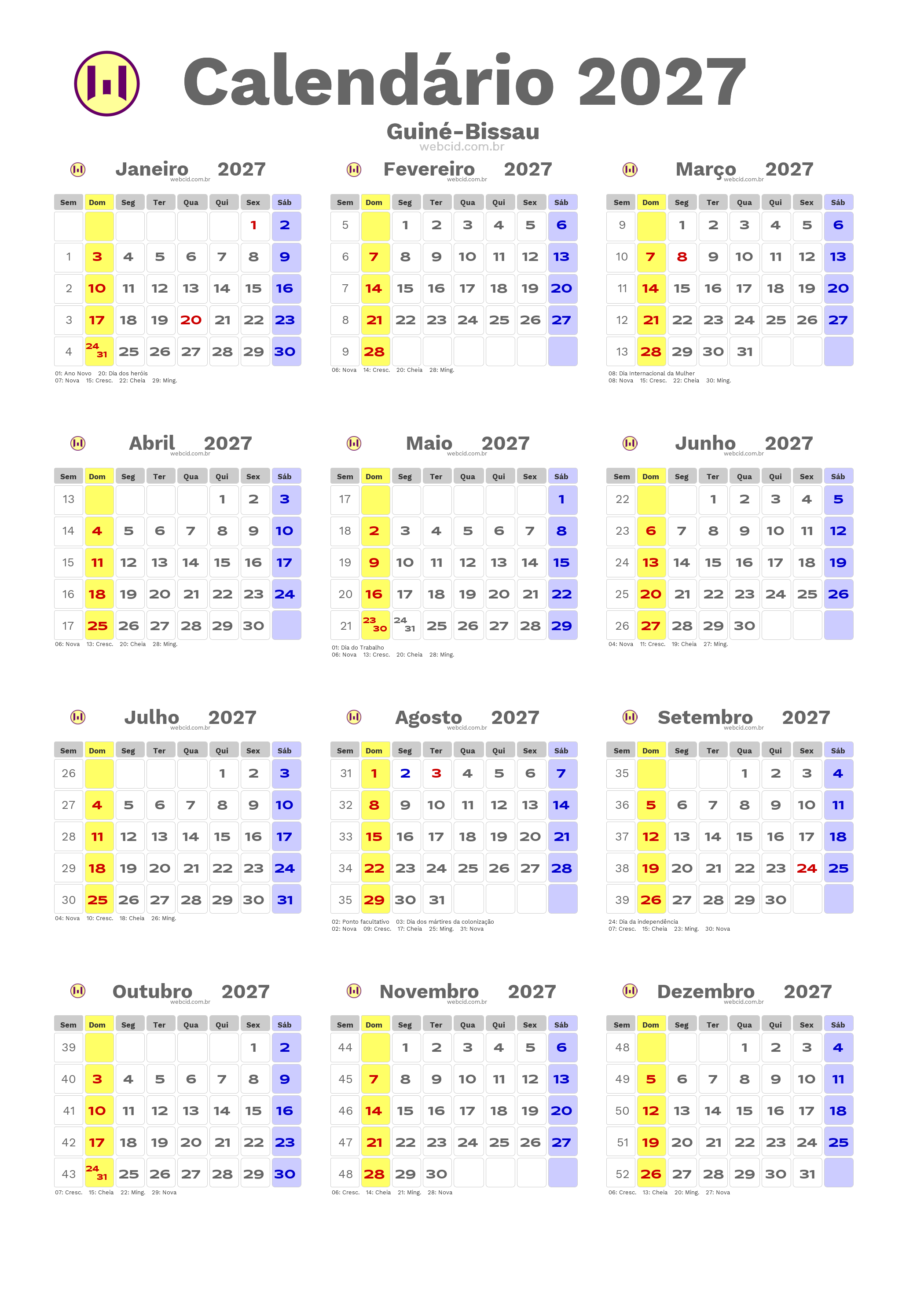 Calendário 2027 - Guiné-Bissau com feriados e fases da lua