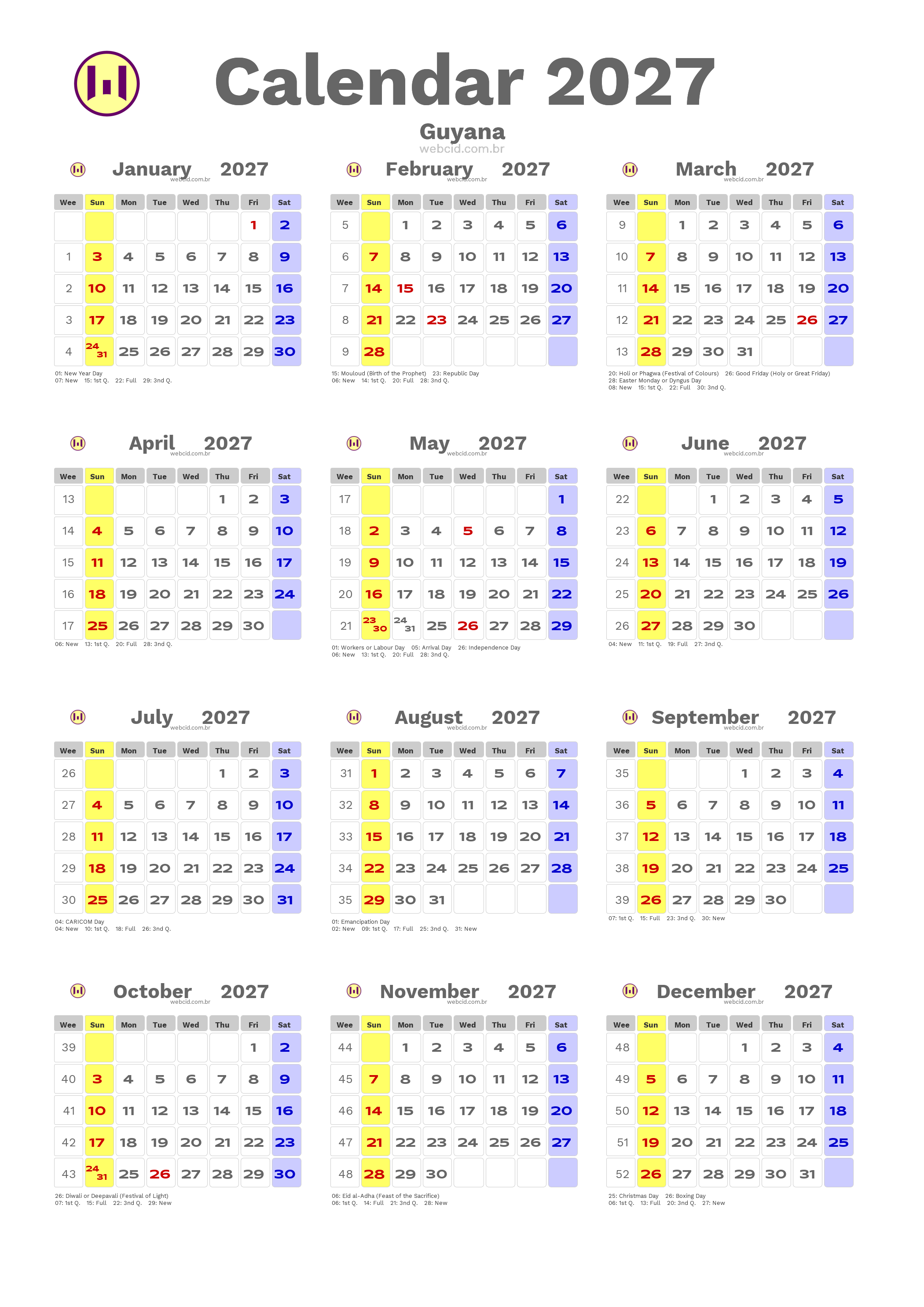 Calendar 2027 - Guyana com feriados e fases da lua