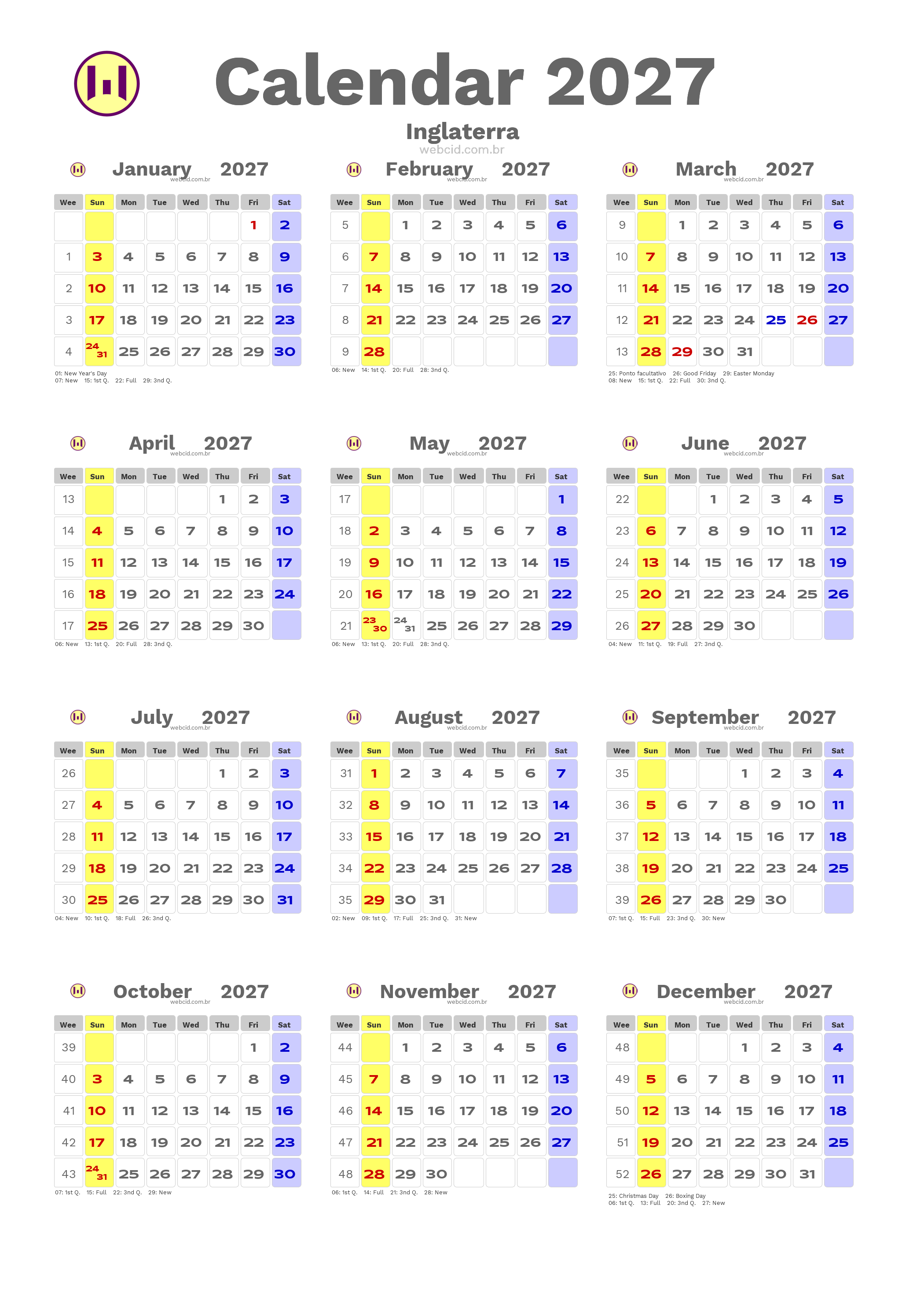 Calendar 2027 - Inglaterra com feriados e fases da lua