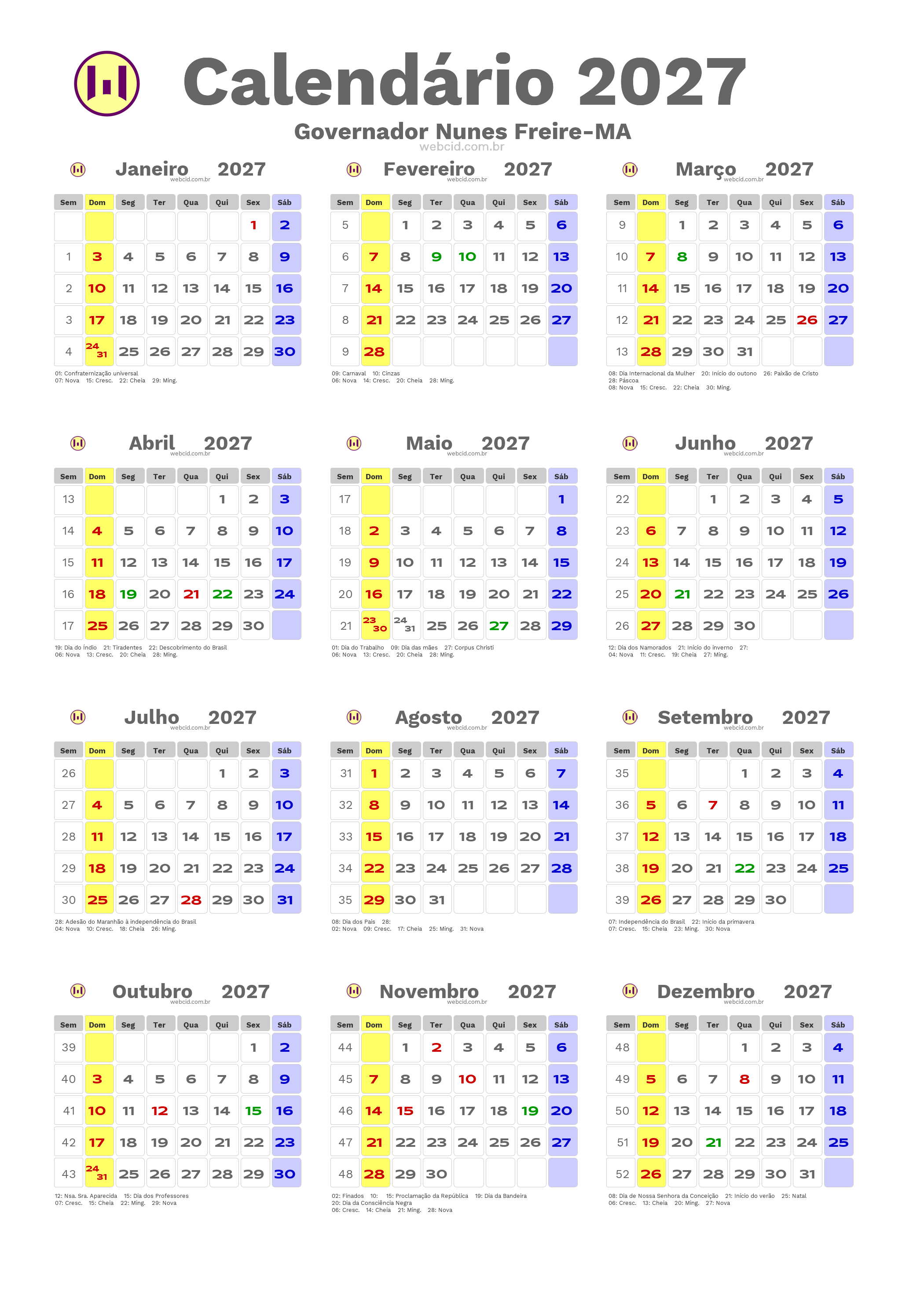 Calendário 2027 - Governador Nunes Freire-MA com feriados e fases da lua