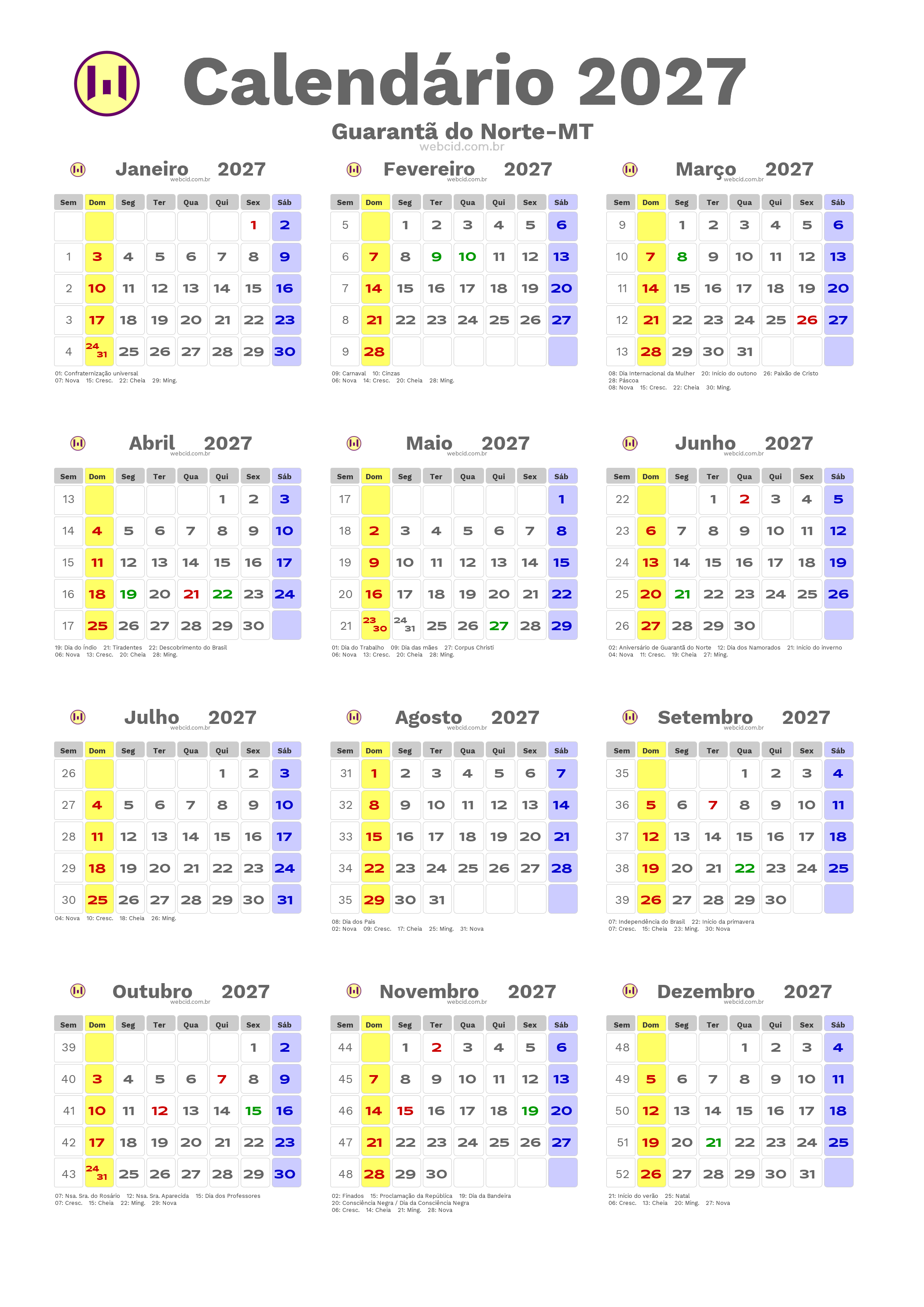 Calendário 2027 - Guarantã do Norte-MT com feriados e fases da lua
