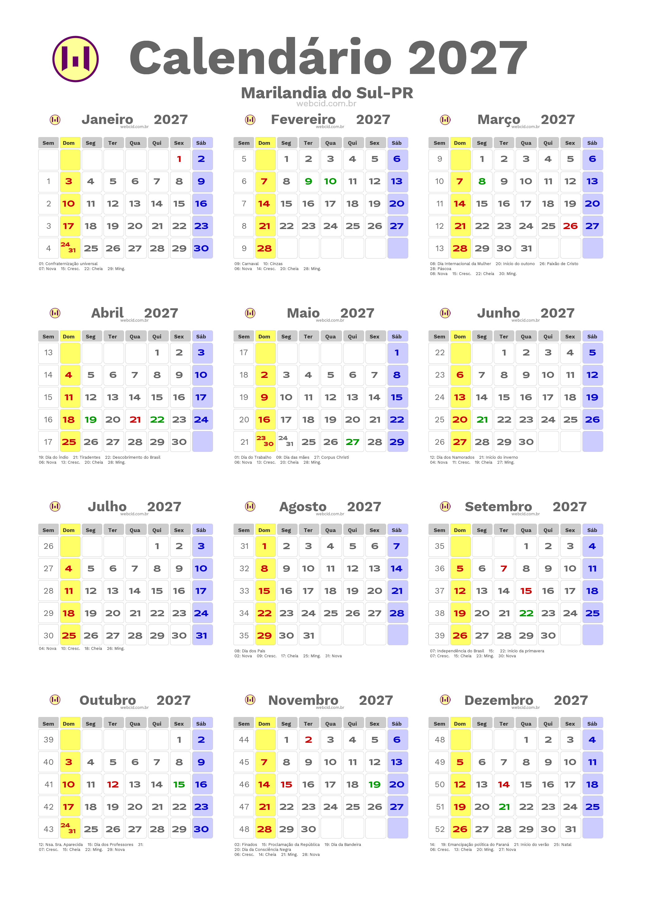 Calendário 2027 - Marilandia do Sul-PR com feriados e fases da lua