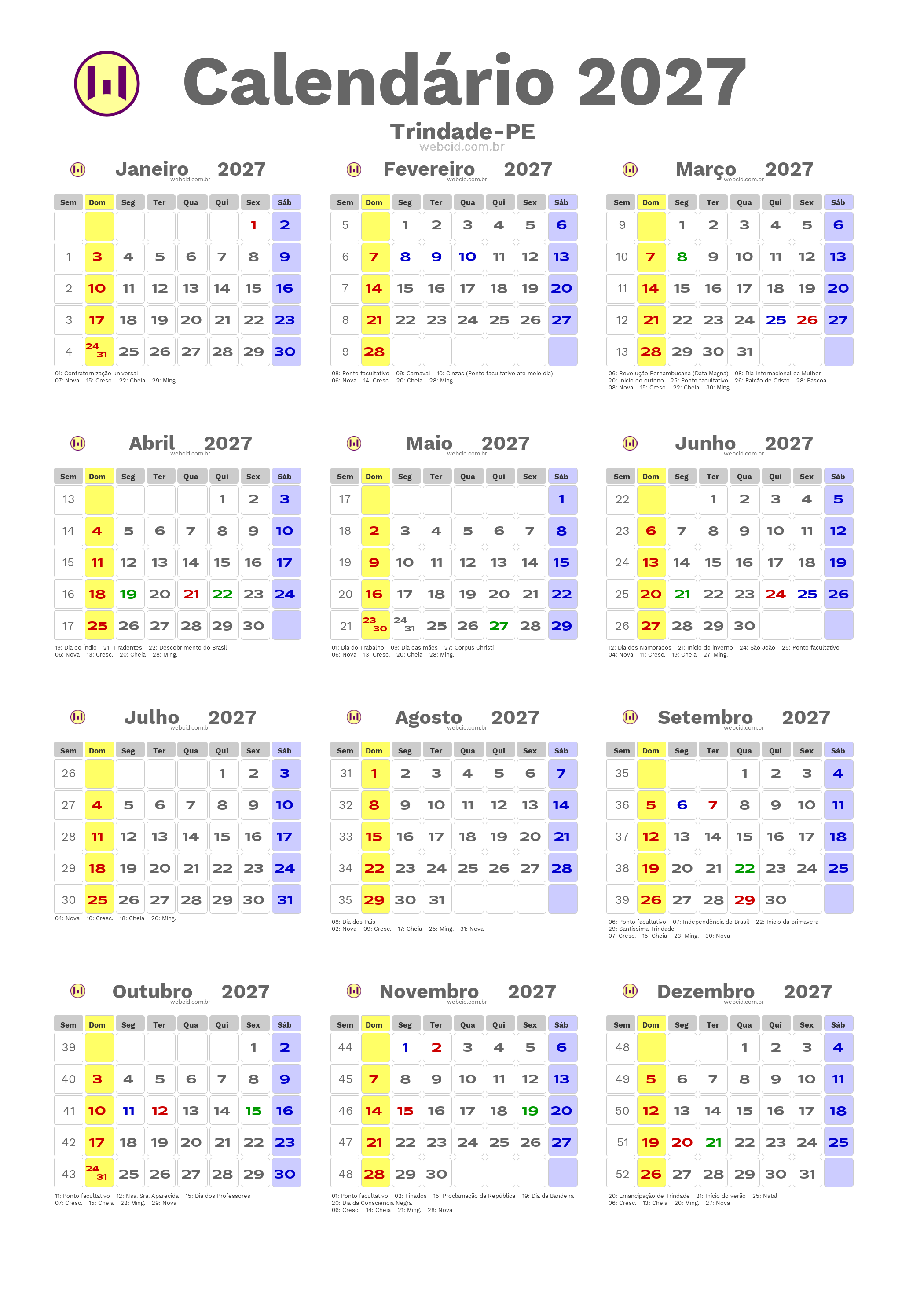 Calendário 2027 - Trindade-PE com feriados e fases da lua