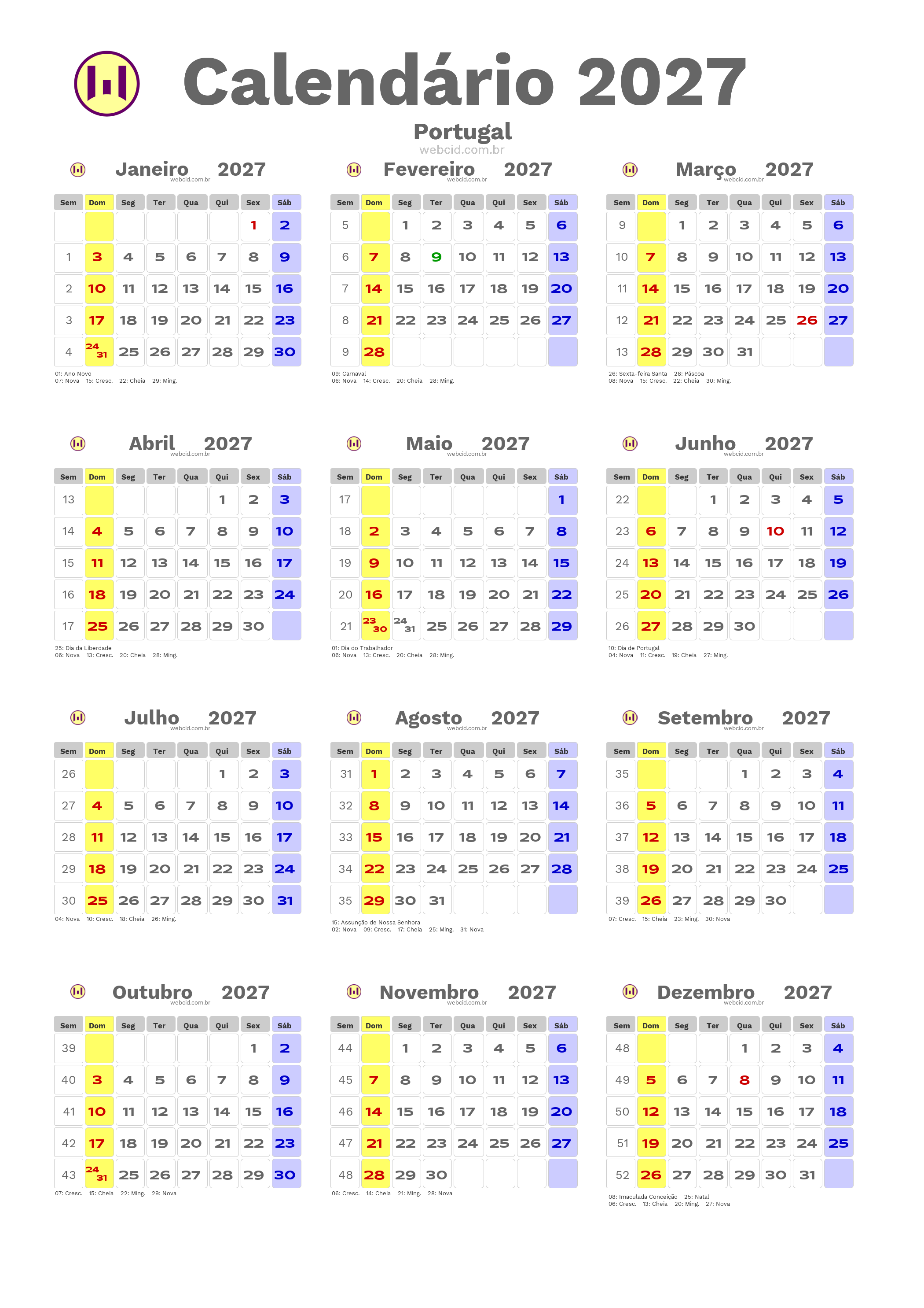 Calendário 2027 - Portugal com feriados e fases da lua