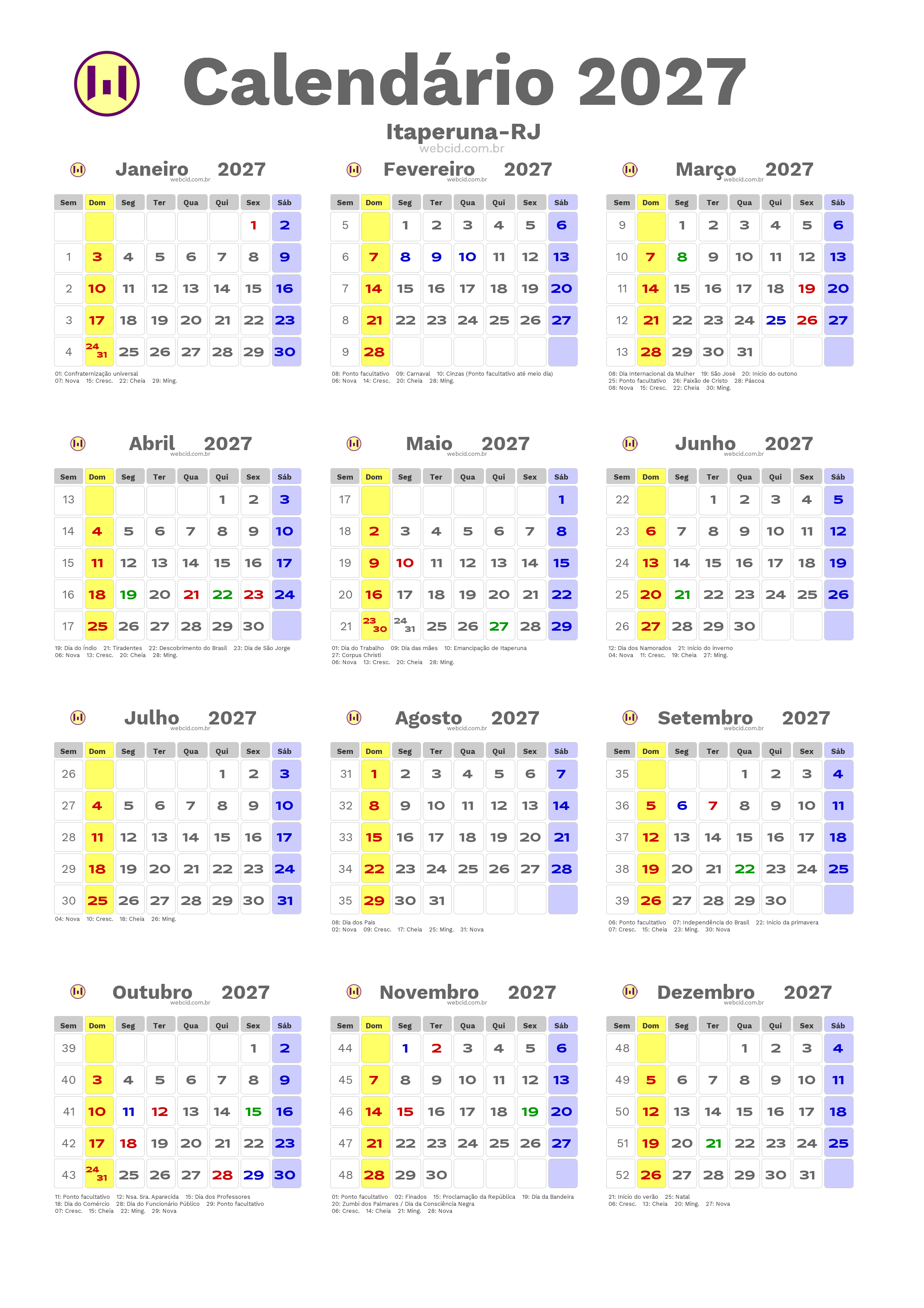Calendário 2027 - Itaperuna-RJ com feriados e fases da lua