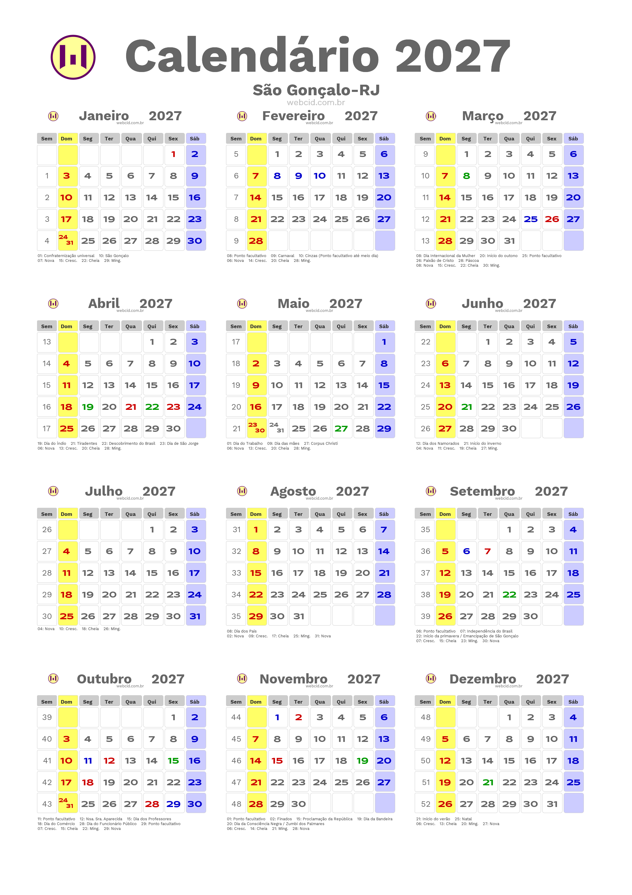 Calendário 2027 - São Gonçalo-RJ com feriados e fases da lua