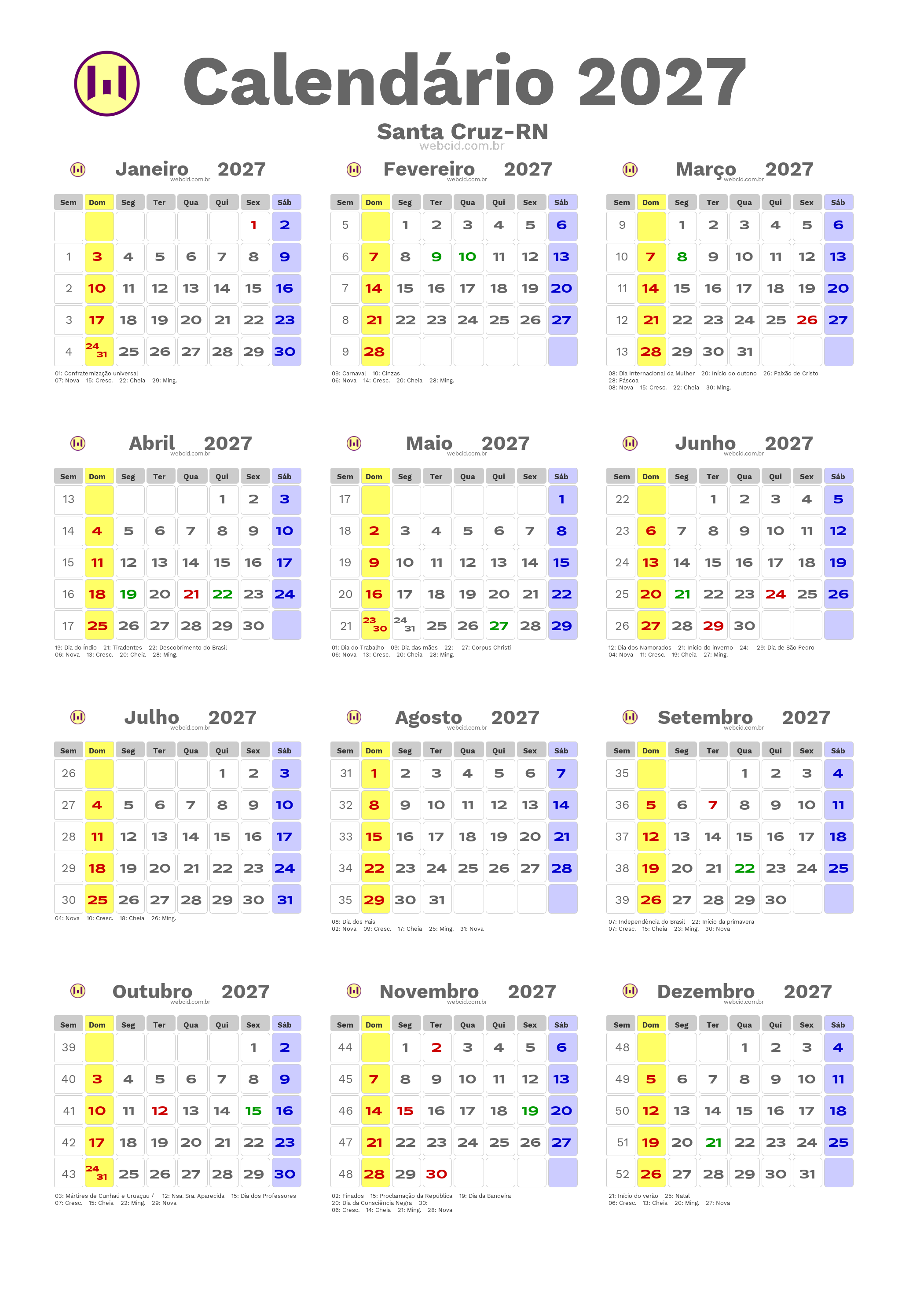 Calendário 2027 - Santa Cruz-RN com feriados e fases da lua