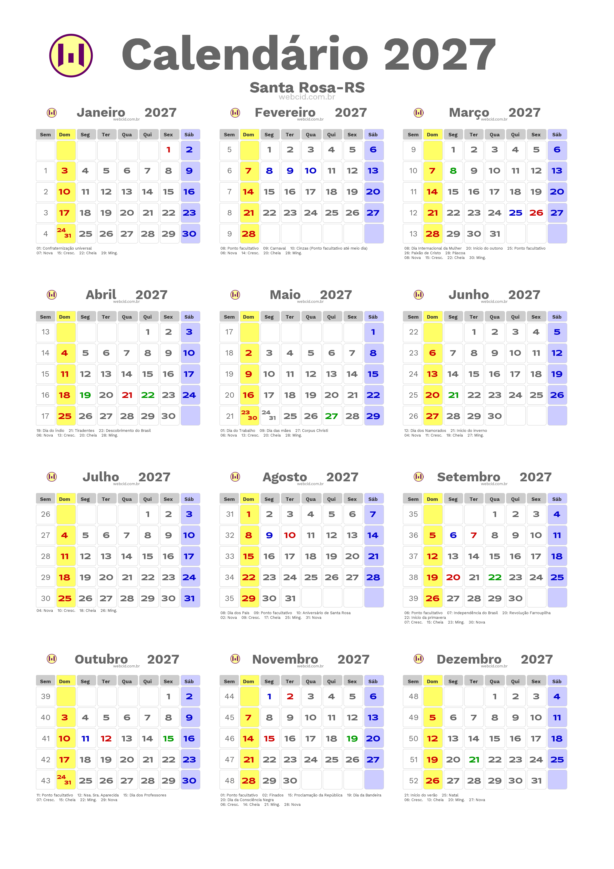 Calendário 2027 - Santa Rosa-RS com feriados e fases da lua