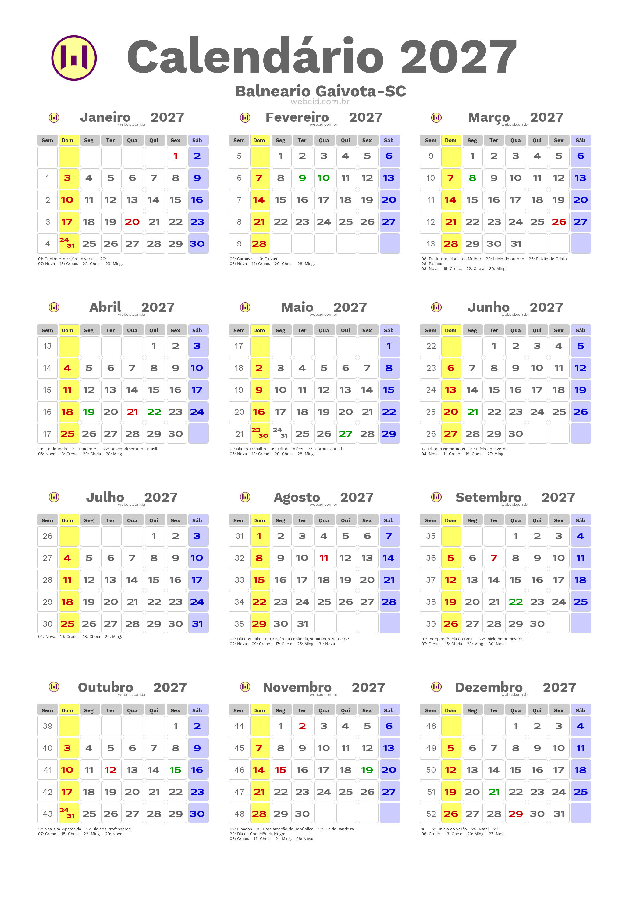 Calendário 2027 - Balneario Gaivota-SC com feriados e fases da lua