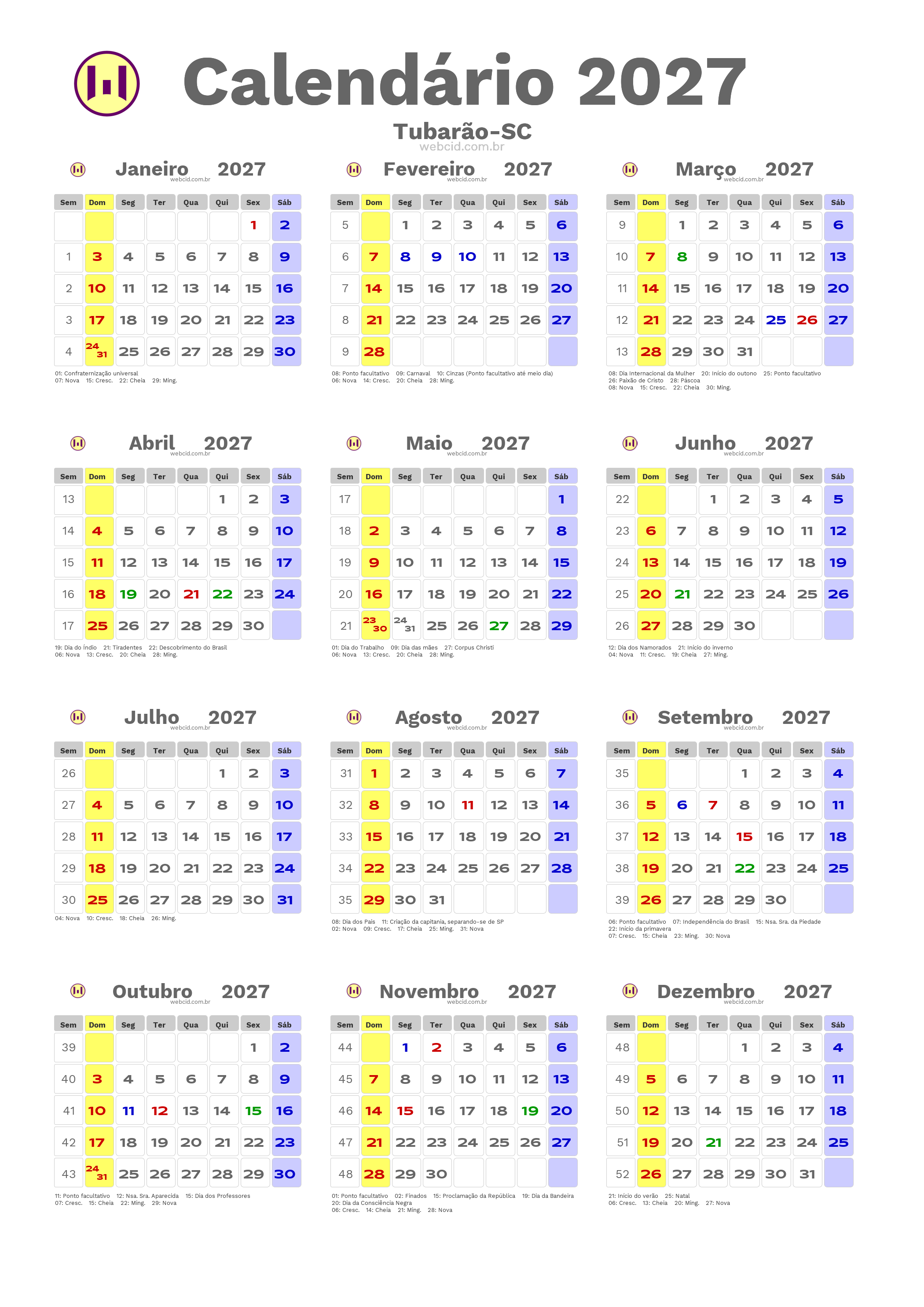 Calendário 2027 - Tubarão-SC com feriados e fases da lua