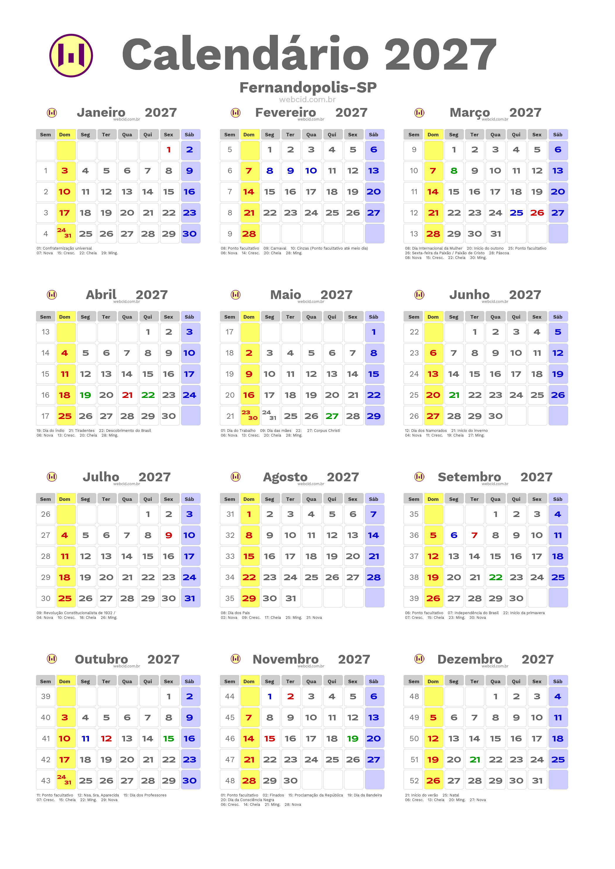 Calendário 2027 - Fernandopolis-SP com feriados e fases da lua