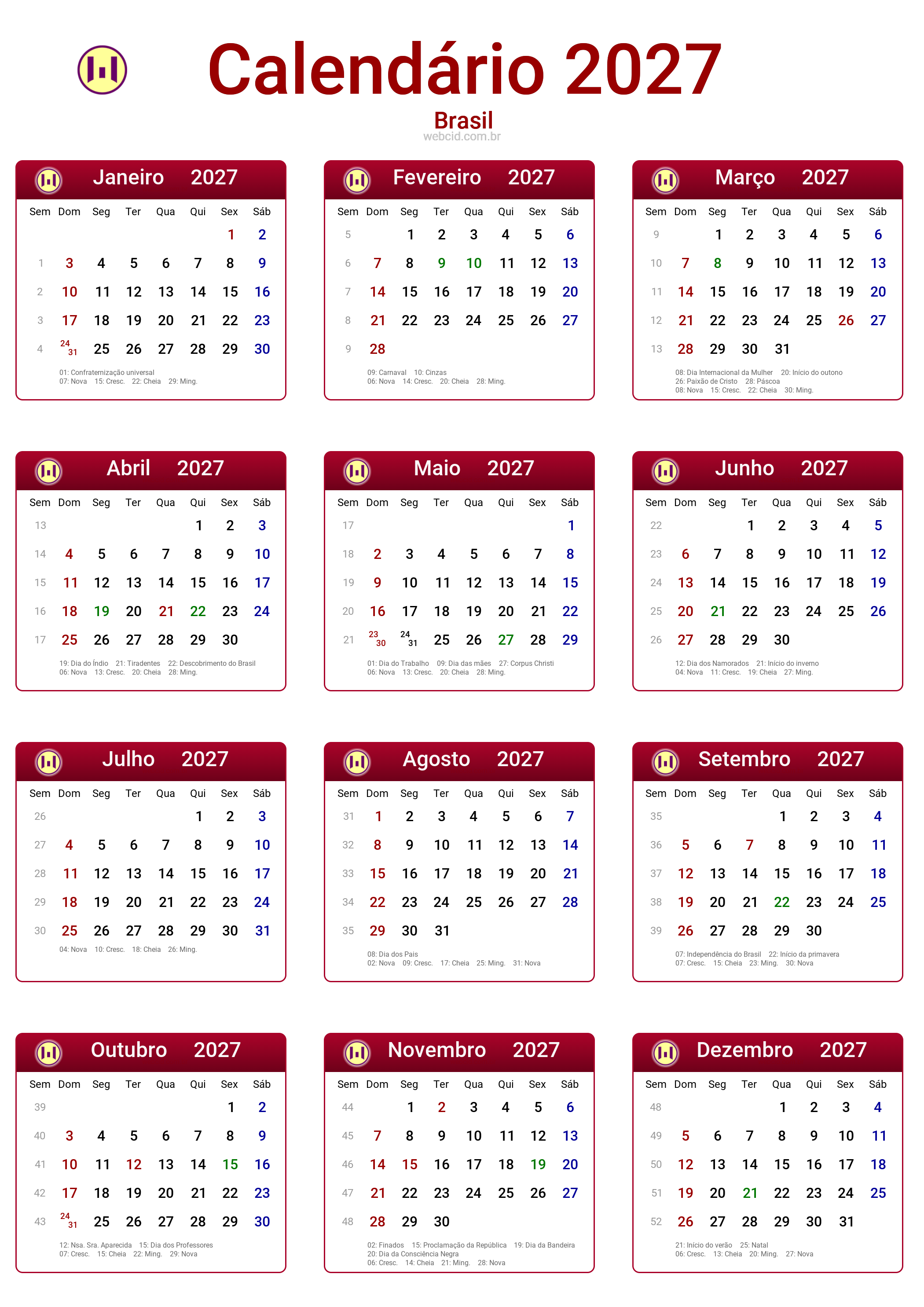 Calendário 2027 - Brasil com feriados e fases da lua