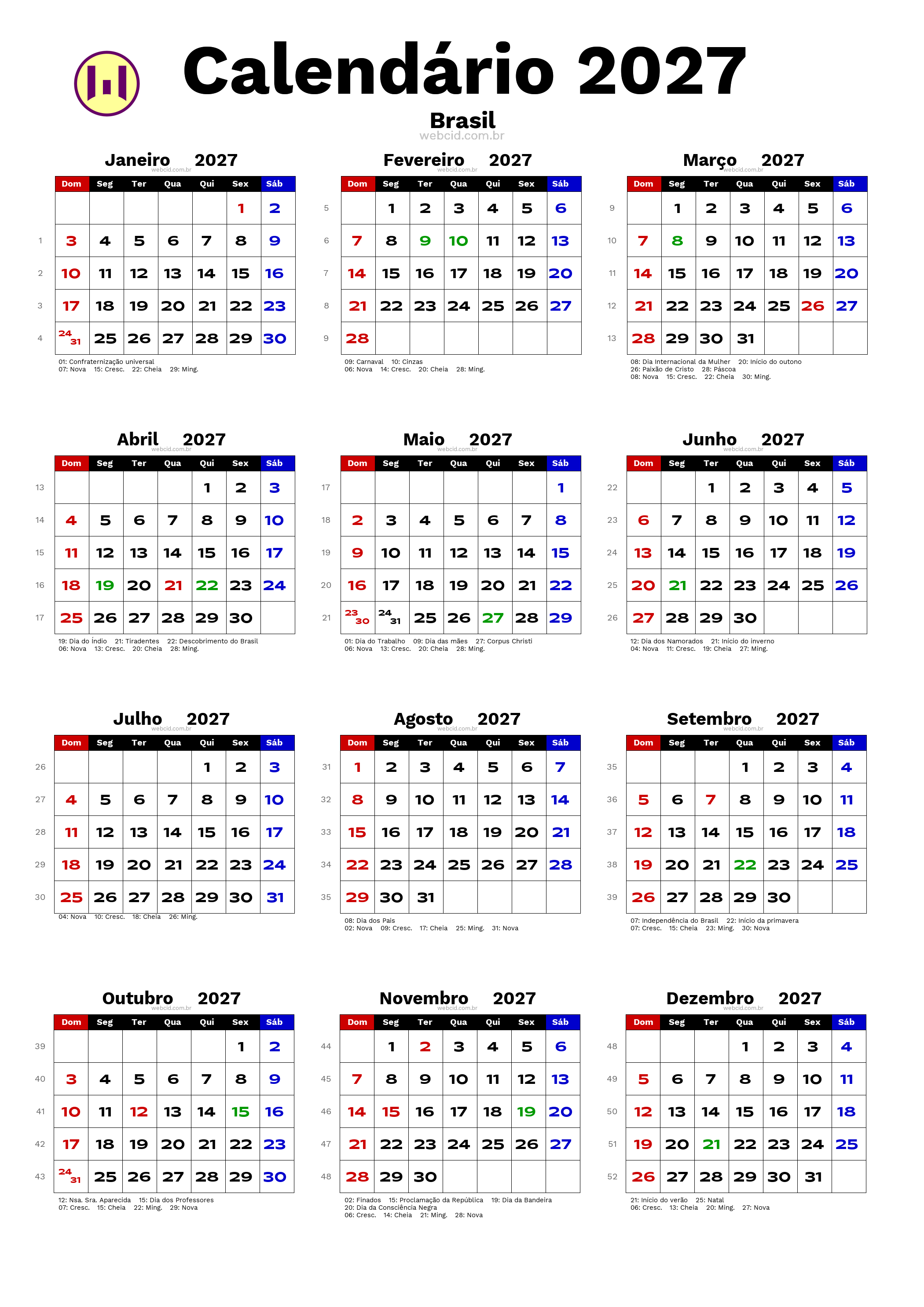 Calendário 2027 - Brasil com feriados e fases da lua